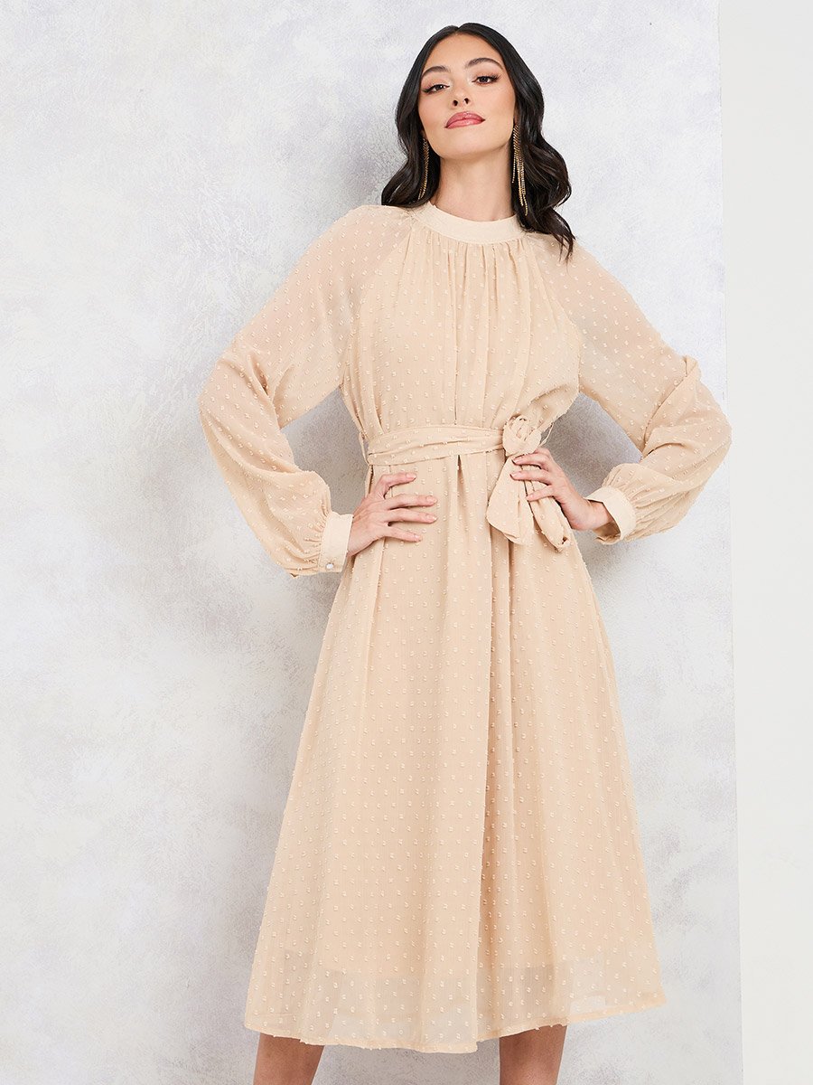 Dobby High Neck Self Tie Up A-line Midi Dress