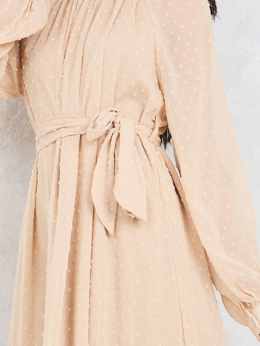 Dobby High Neck Self Tie Up A-line Midi Dress