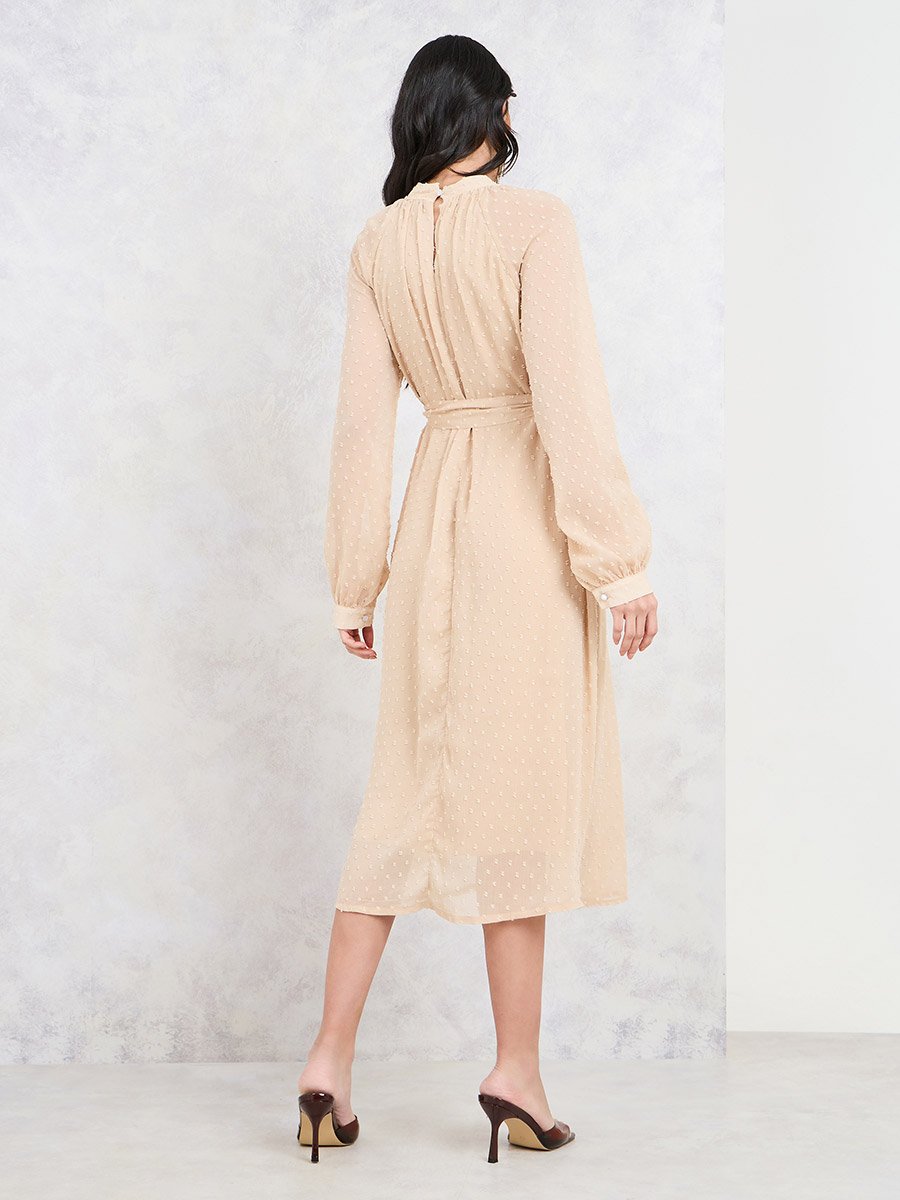 Dobby High Neck Self Tie Up A-line Midi Dress