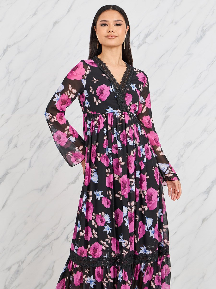 slim fit dress slacks Full Size Floral Lace Trim V-Neck Dress Plus Size Pink / L main image 0