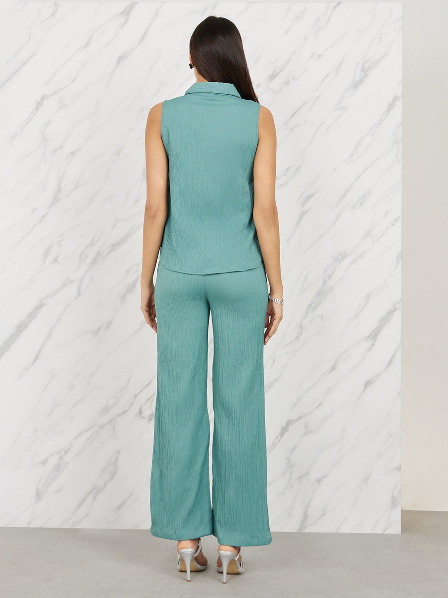 Embellished Collar Textured Top and Straight Leg Pant Set