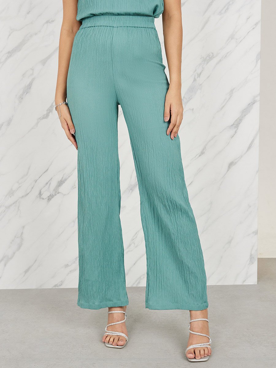 Embellished Collar Textured Top and Straight Leg Pant Set