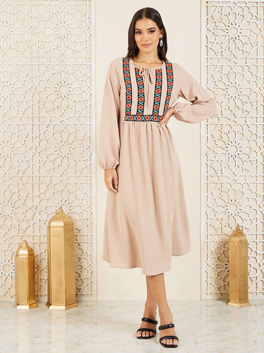 Embroidered Tie Up Neck A-Line Shift Midi Dress