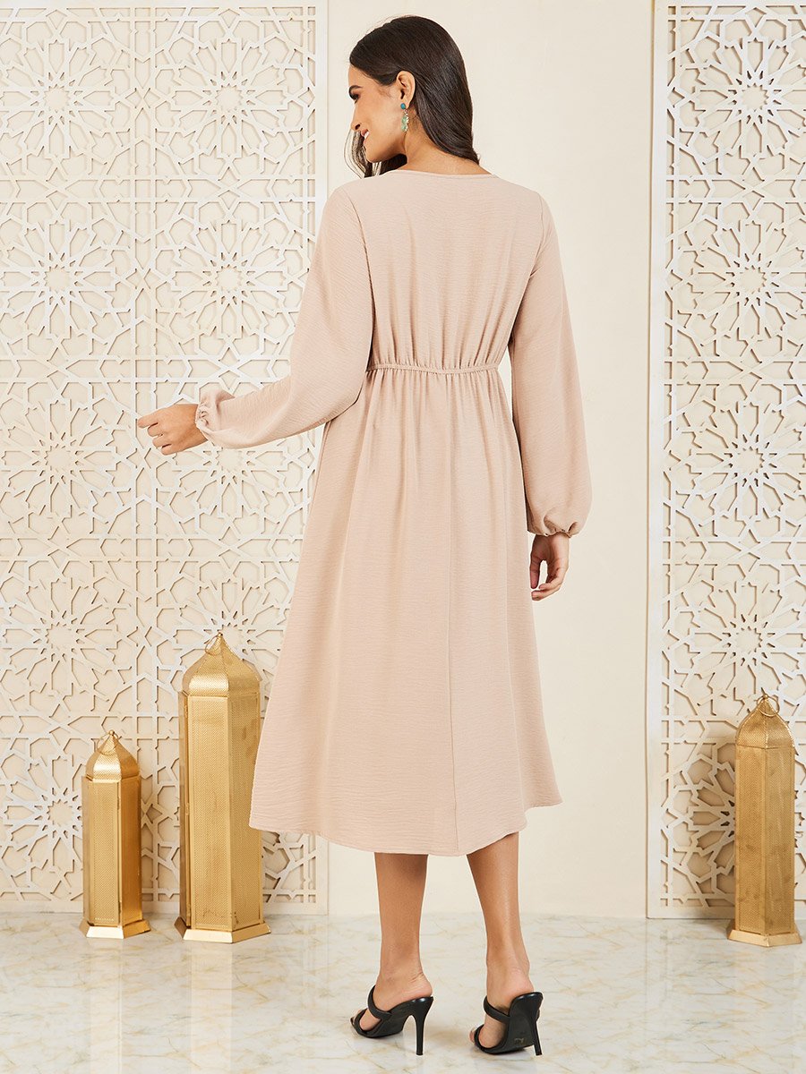 Embroidered Tie Up Neck A-Line Shift Midi Dress