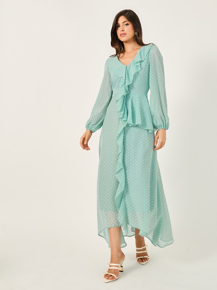 Dobby Ruffle Detail A-Line Maxi Dress