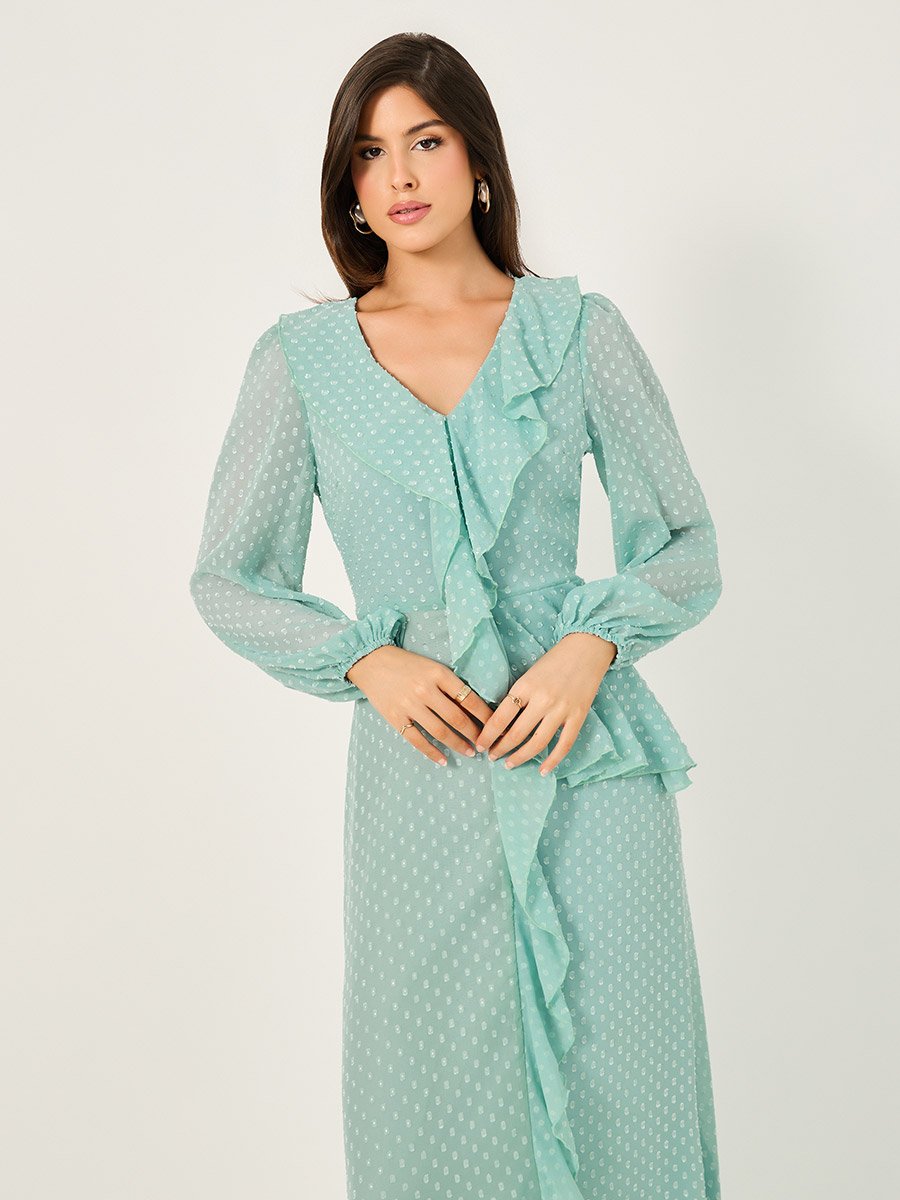 Dobby Ruffle Detail A-Line Maxi Dress