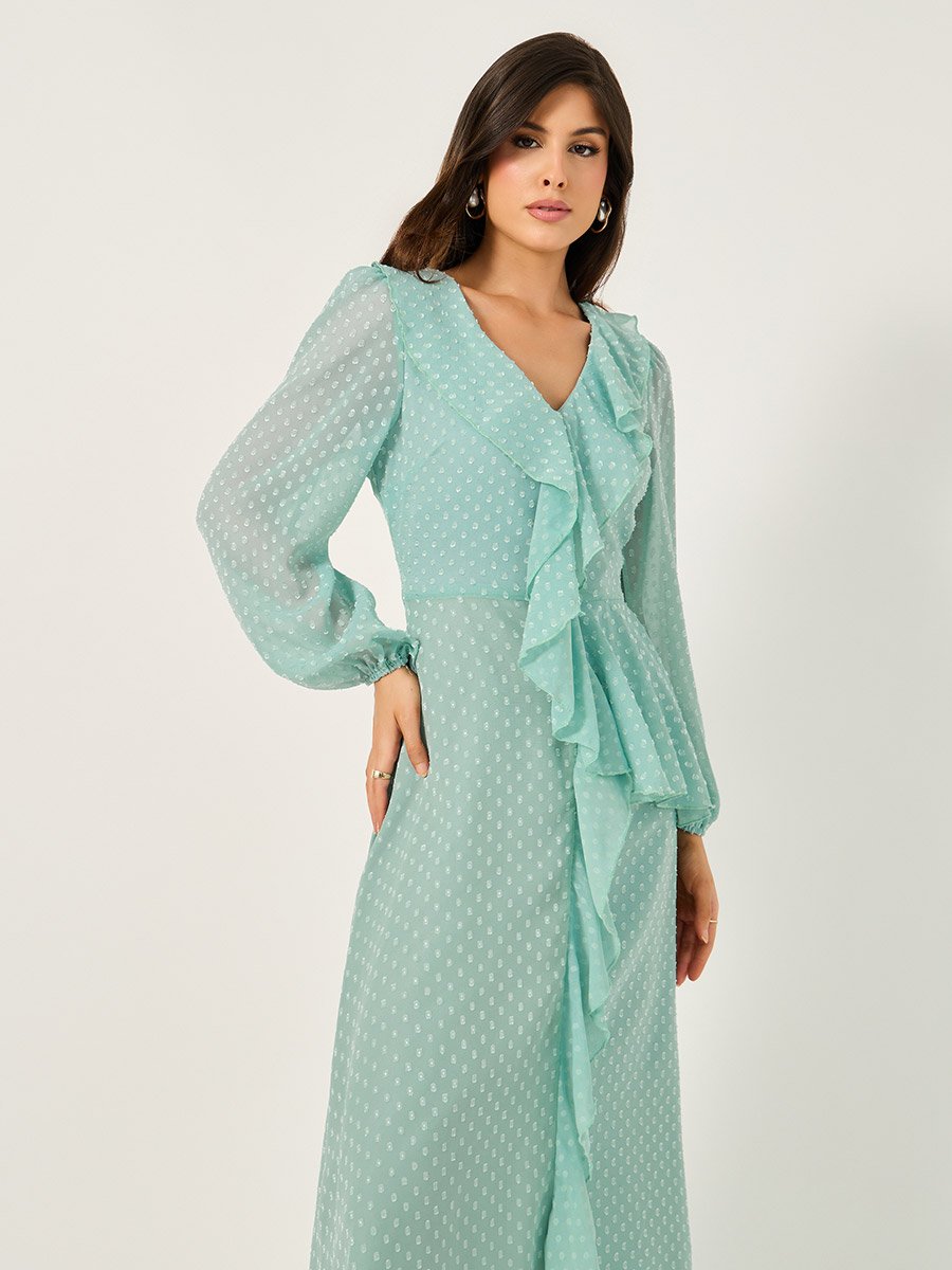 Dobby Ruffle Detail A-Line Maxi Dress