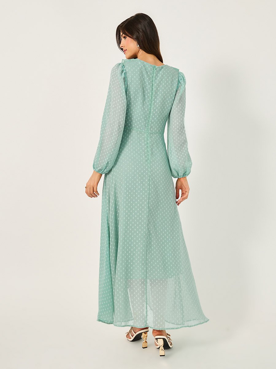 Dobby Ruffle Detail A-Line Maxi Dress