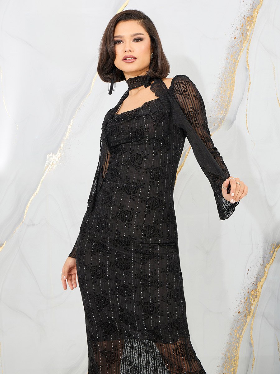 knee length dresses for ladies Textured Mesh Puff Sleeve Babydoll Dress  Romantic & Chic