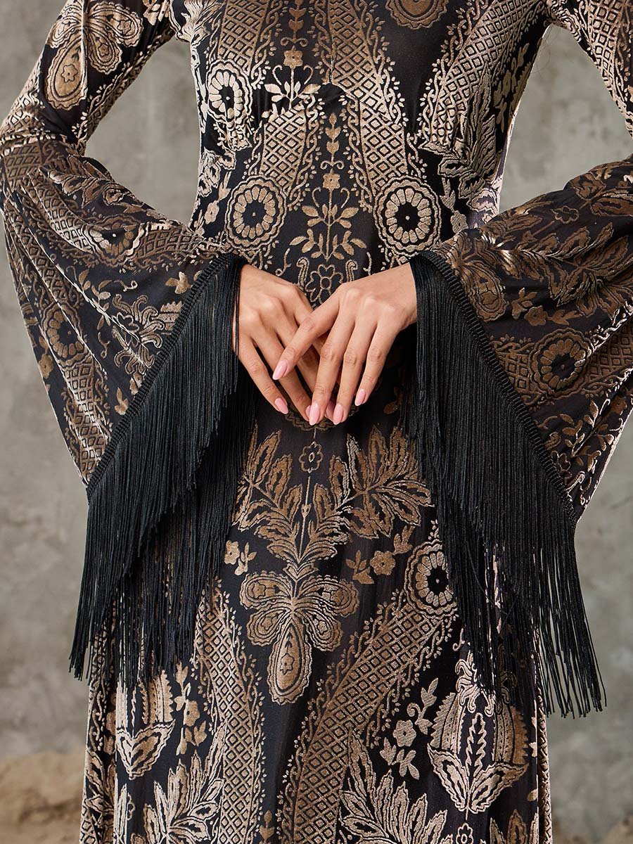 Velvet Boho Print Tassel Trim Sleeves A-Line Maxi Dress For Women at UAE |  Styli