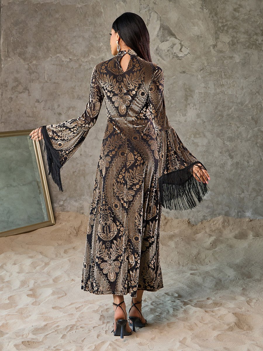 Velvet Boho Print Tassel Trim Sleeves A-Line Maxi Dress For Women at UAE |  Styli