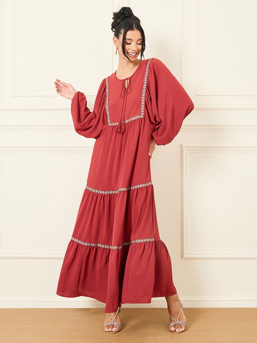 Embroidery Detail Tie-Up Neck Tiered Maxi Dress