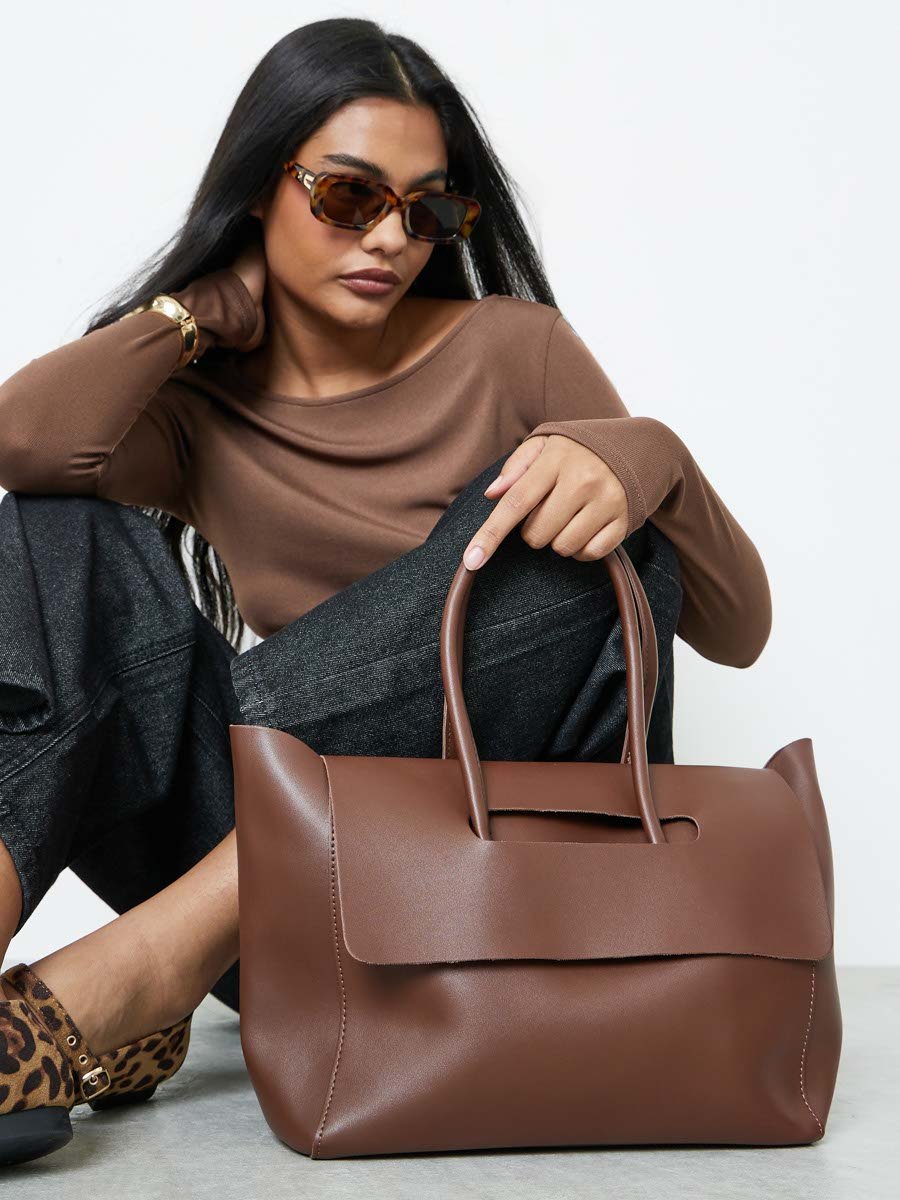 Coffee Brown Cut Out Flap Design Shoulder Bag