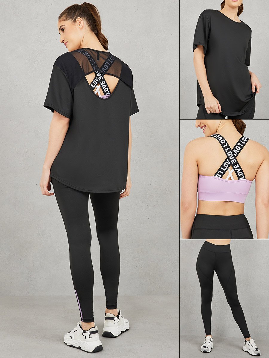 Pack of 3 - Mesh Panel T-Shirt, Crossback Strap Sports Bra and Stitch Detail Leggings