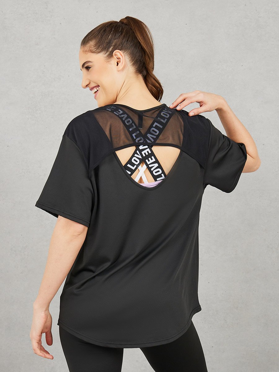 Pack of 3 - Mesh Panel T-Shirt, Crossback Strap Sports Bra and Stitch Detail Leggings