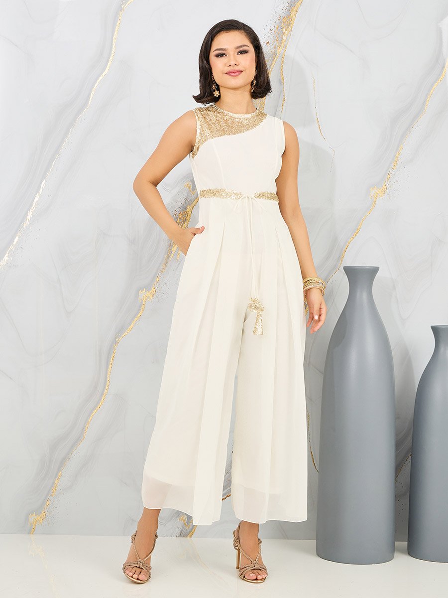 Sequin Detail Box Pleat Wide Leg Jumpsuit with Self Tie Up For Women at UAE  | Styli