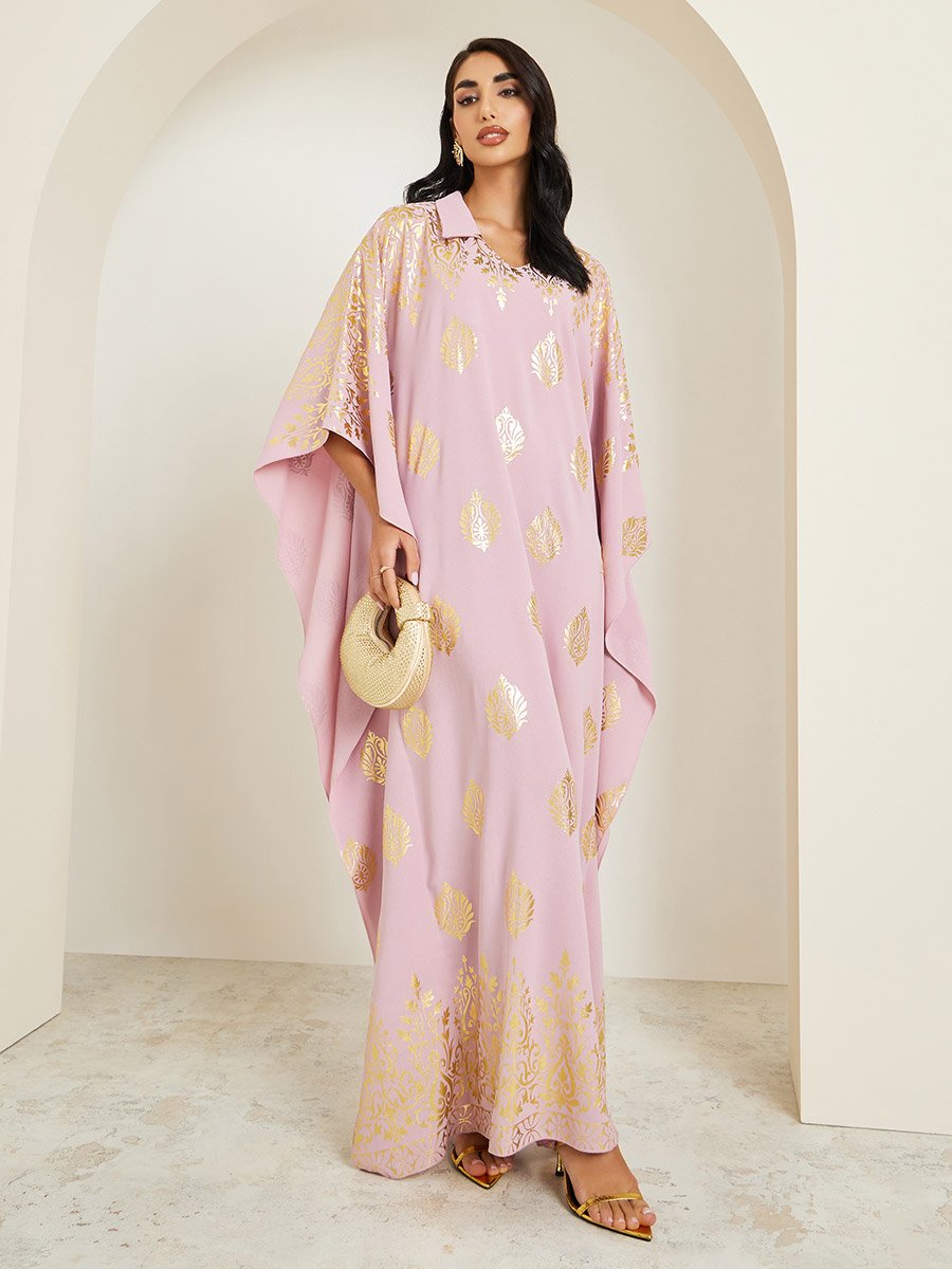 Women Pink Gold Print Collared Kaftan