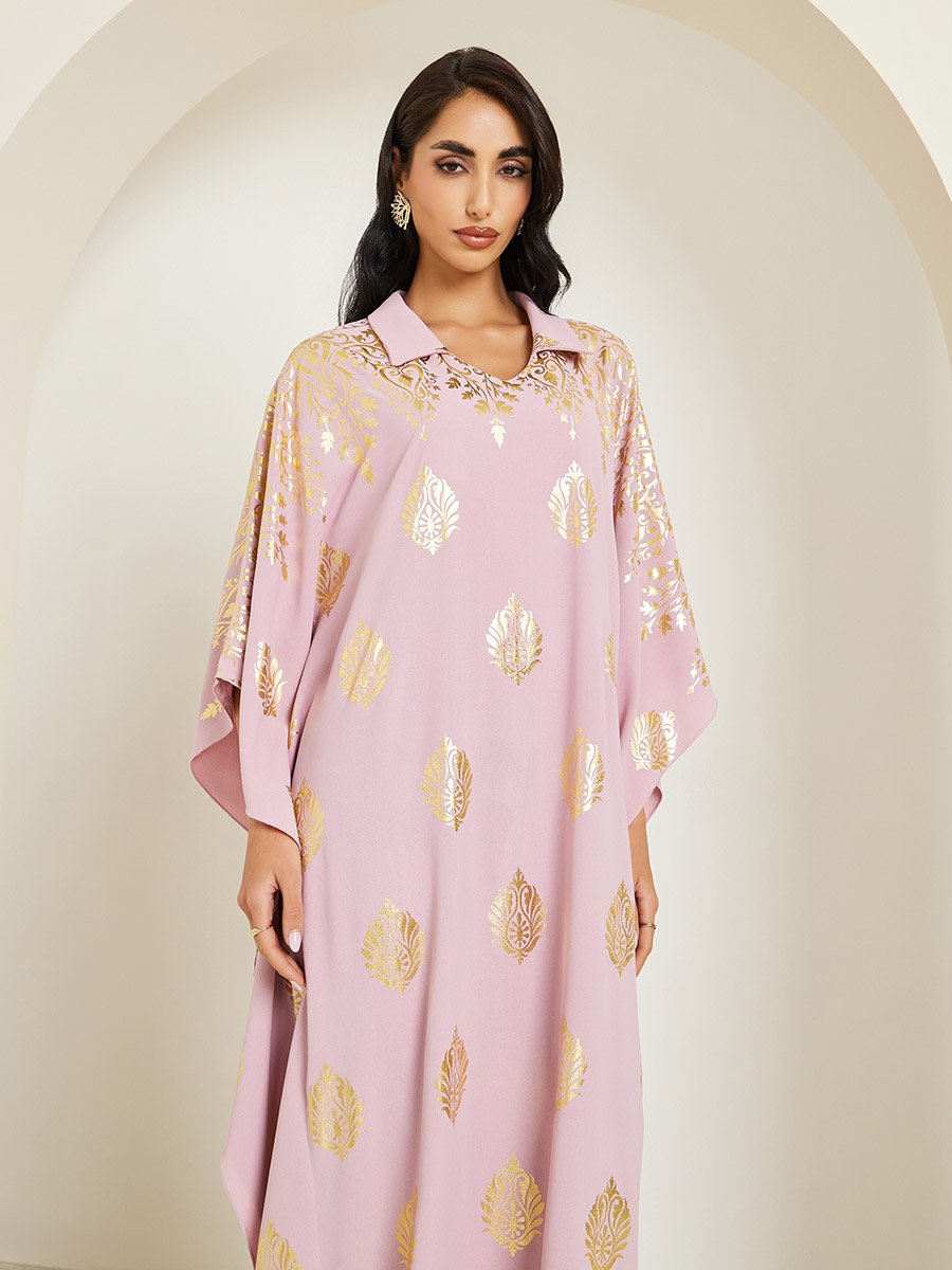 Women Pink Gold Print Collared Kaftan