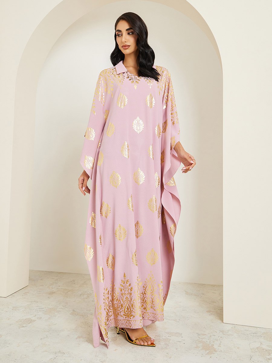 Women Pink Gold Print Collared Kaftan