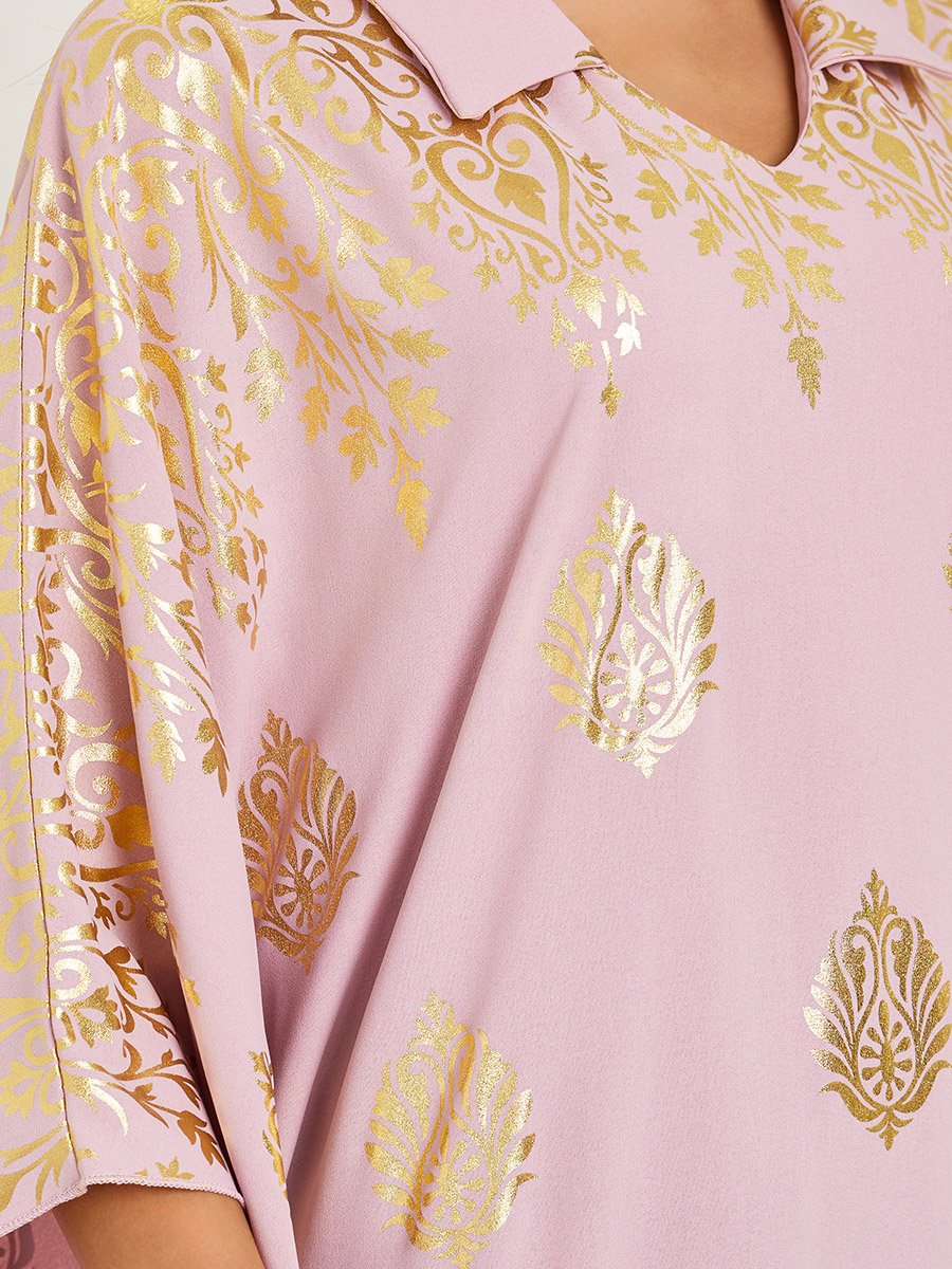Women Pink Gold Print Collared Kaftan