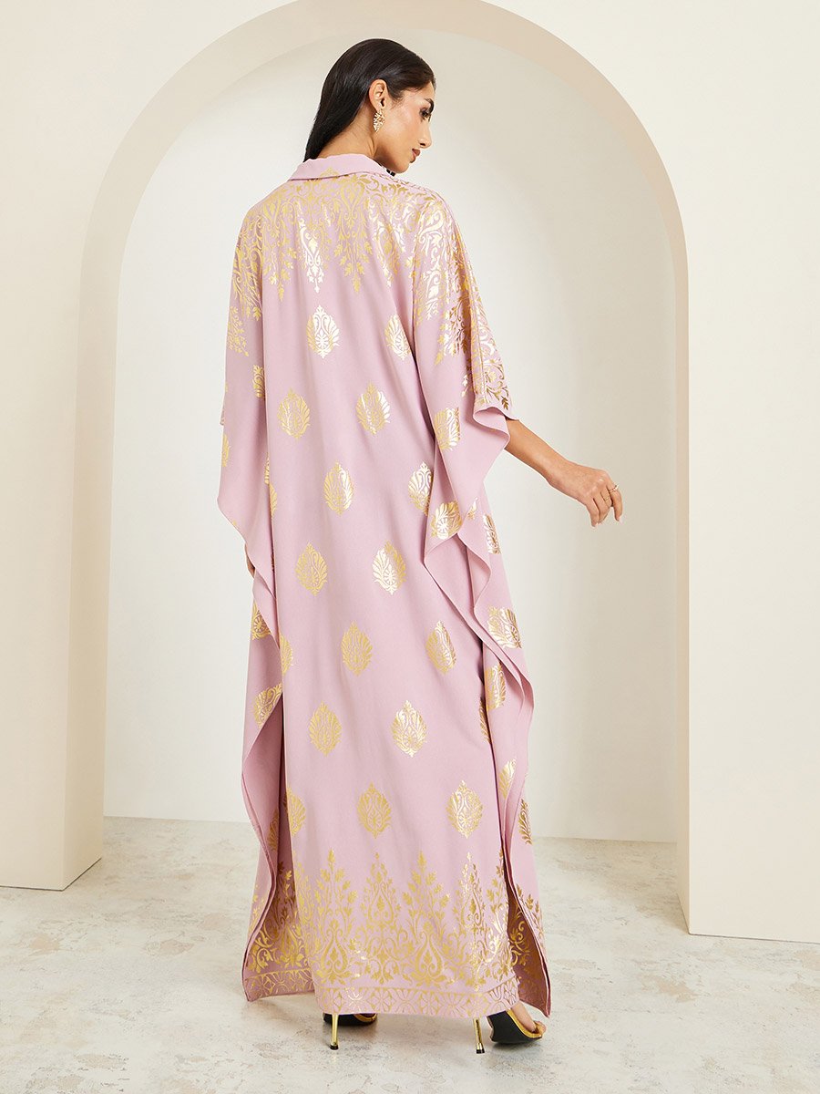 Women Pink Gold Print Collared Kaftan