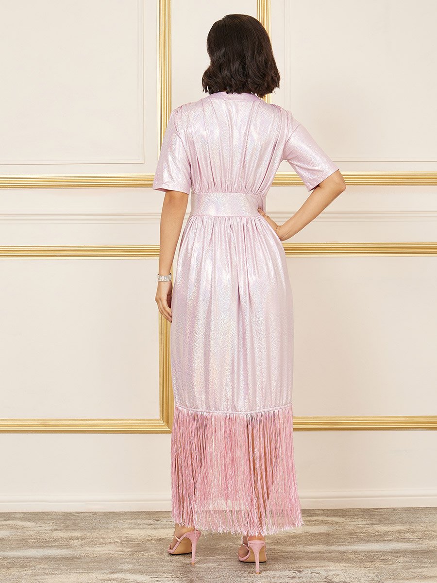 Shiny Tassel Hem A-Line Midi Dress