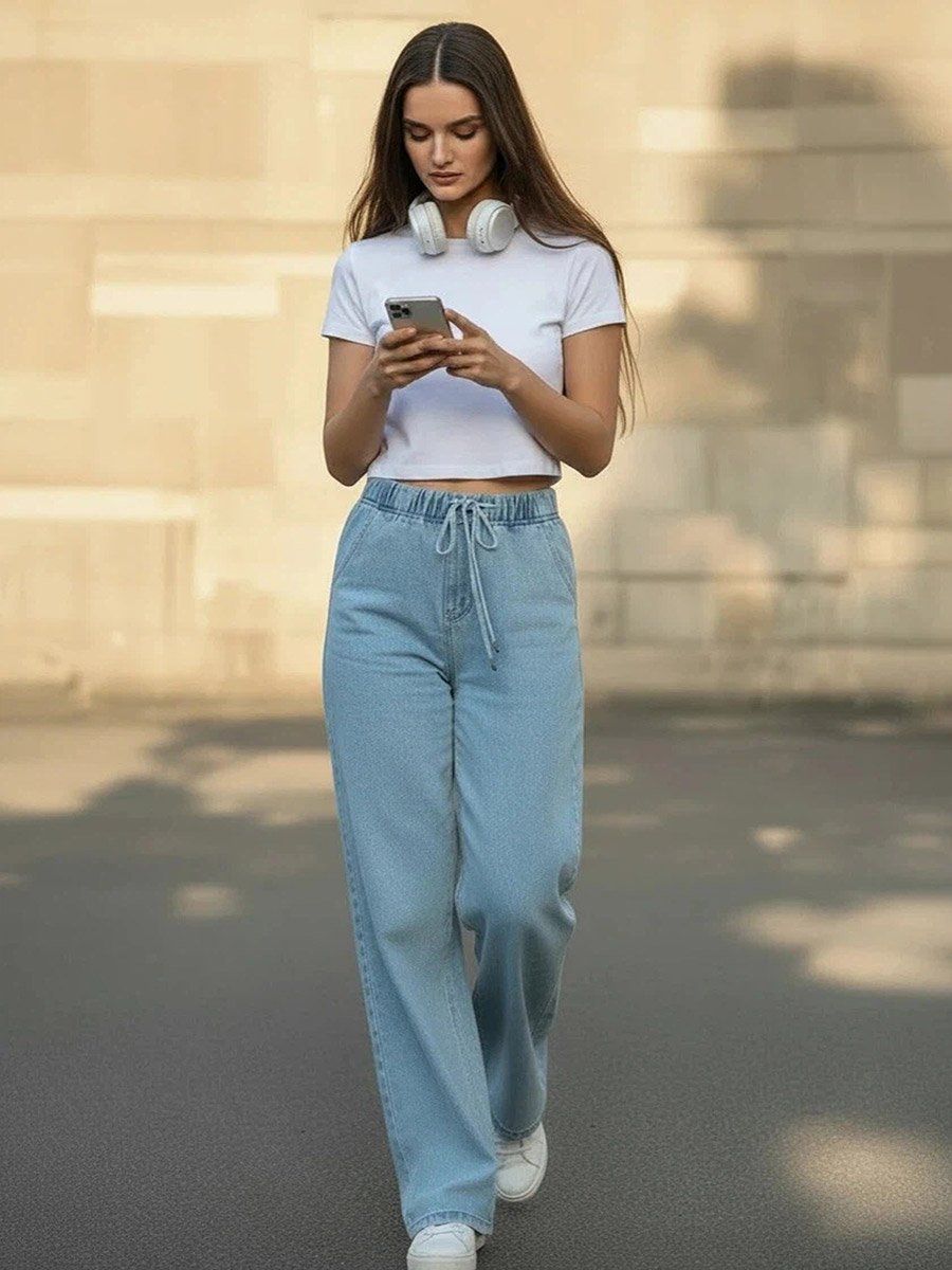 Wide Leg Drawstring Jeans with Pockets