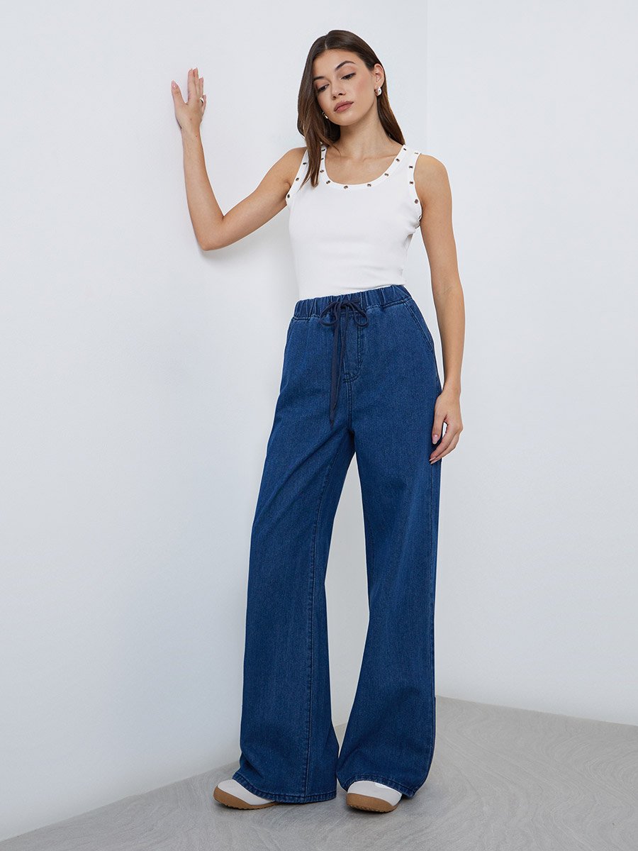 Wide Leg Drawstring Jeans with Pockets