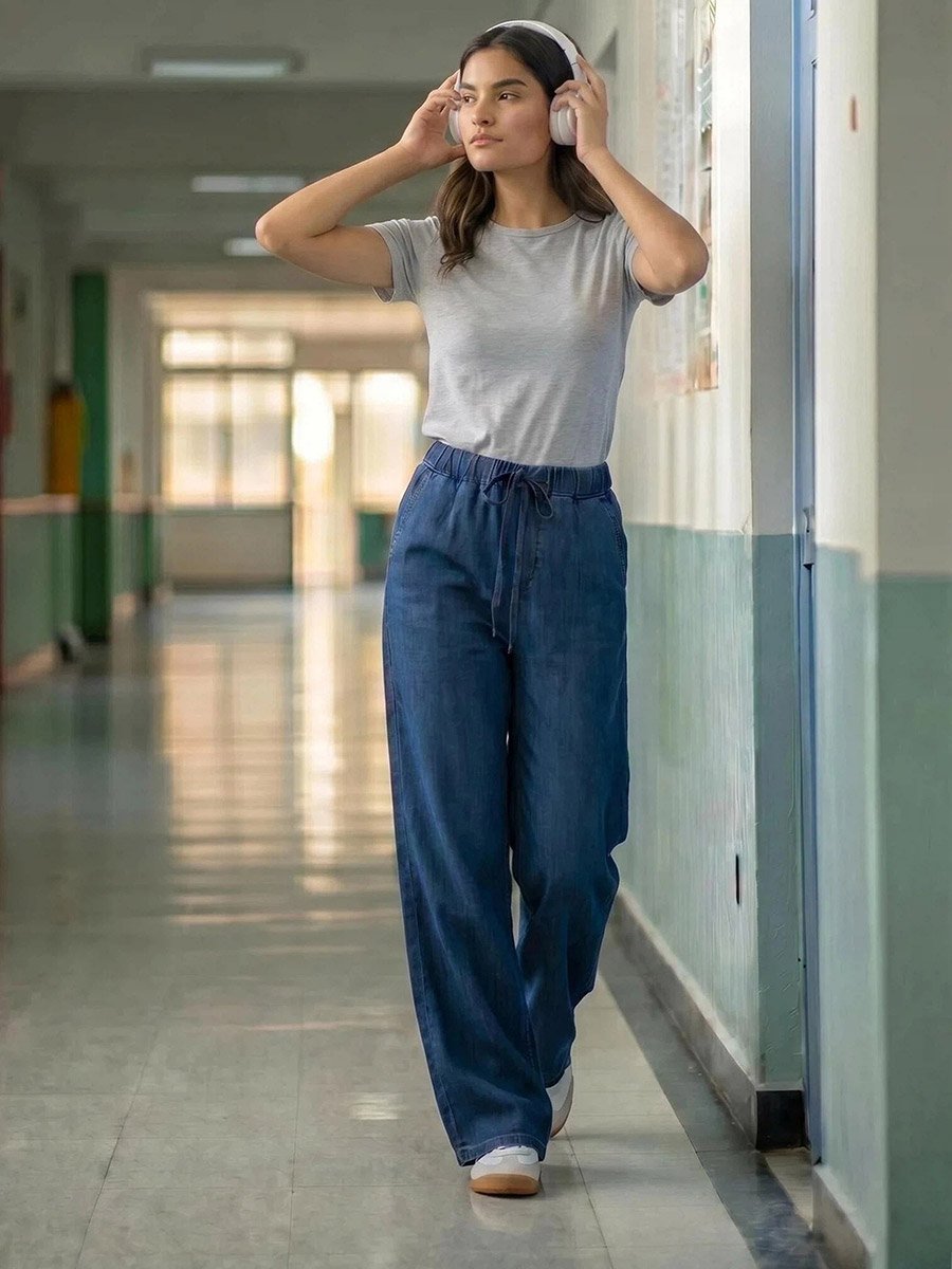 Wide Leg Drawstring Jeans with Pockets