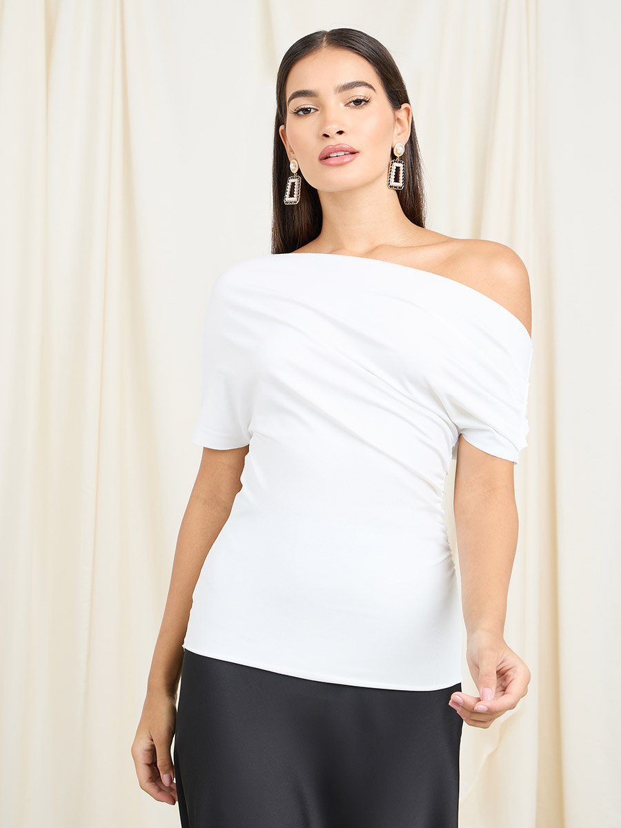 Asymmetric Neck Short Sleeve Knit Top