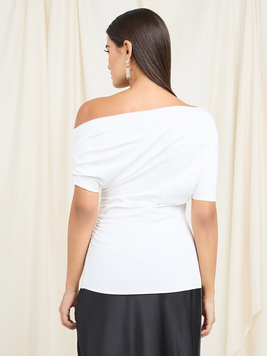 Asymmetric Neck Short Sleeve Knit Top