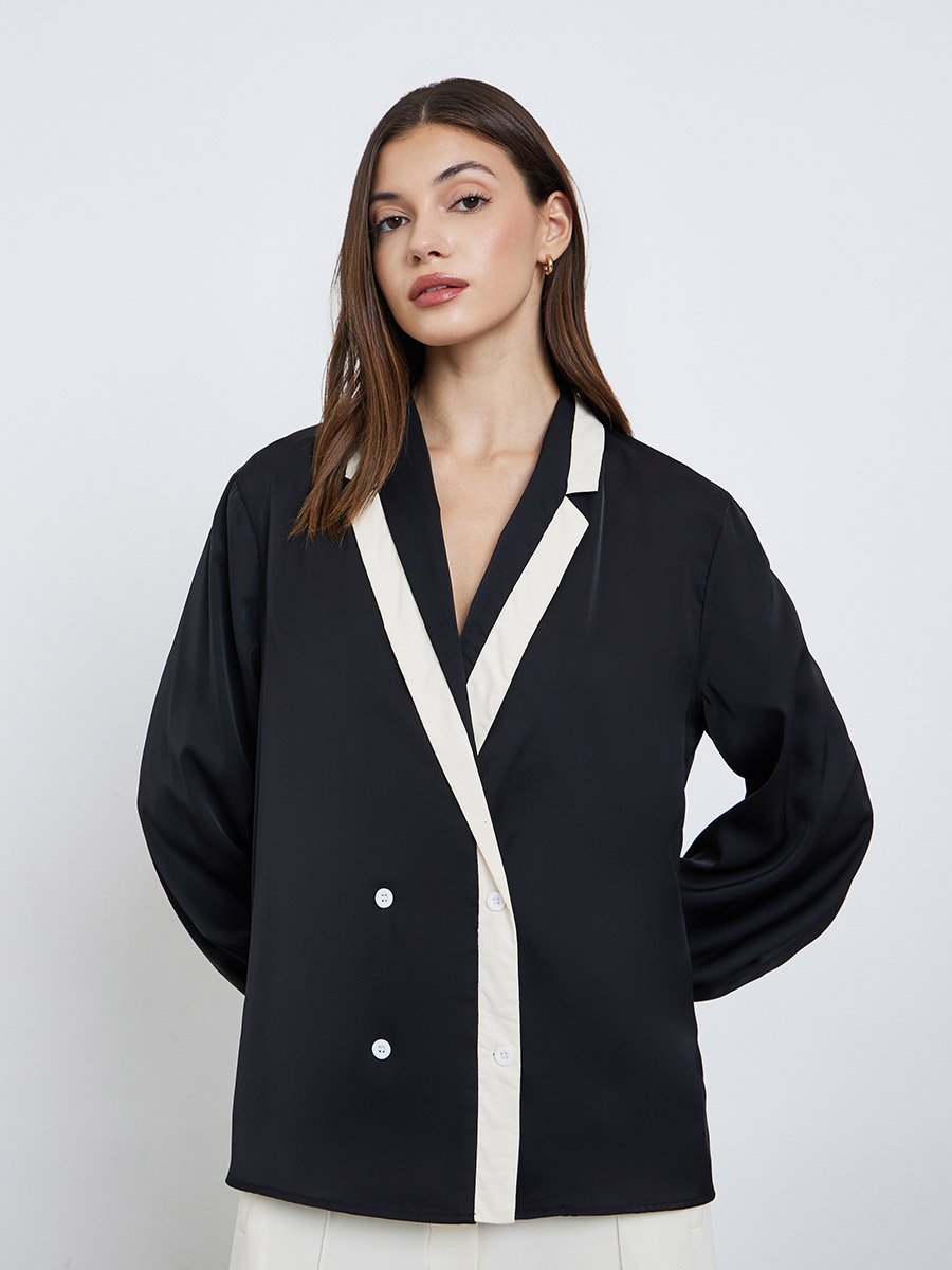 Black Contrast Lapel Neck Wrap Top For Women at UAE | Styli