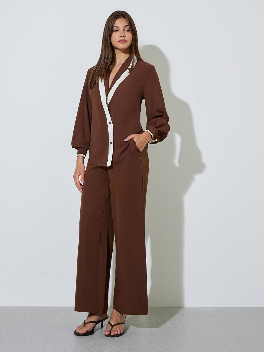 Brown Contrast Lapel Neck Wrap Top