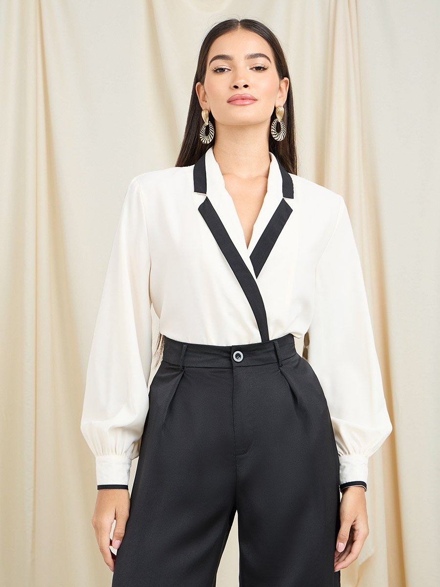 Off White Contrast Lapel Neck Wrap Top