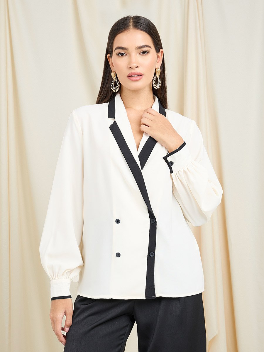 Off White Contrast Lapel Neck Wrap Top