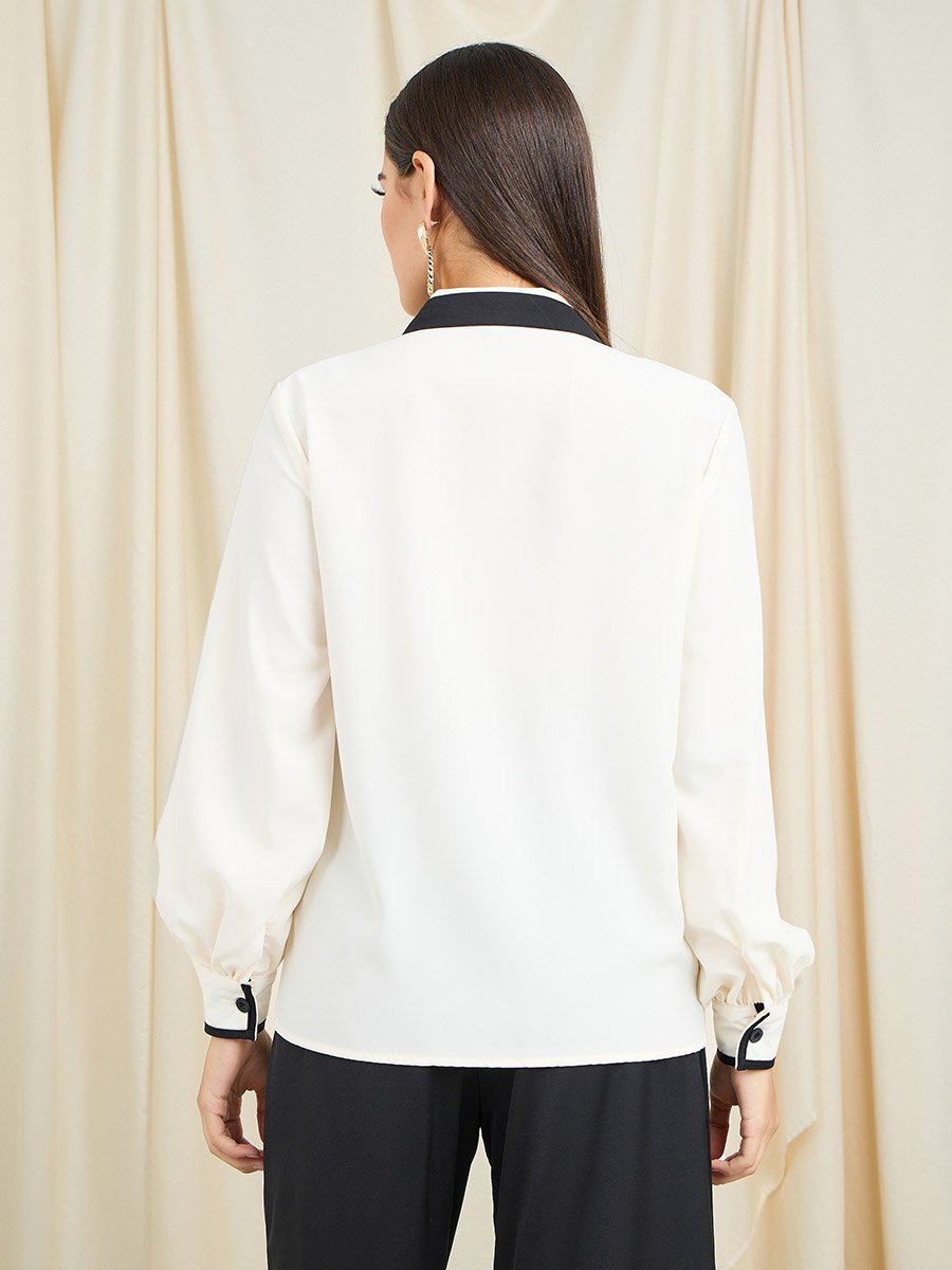 Off White Contrast Lapel Neck Wrap Top