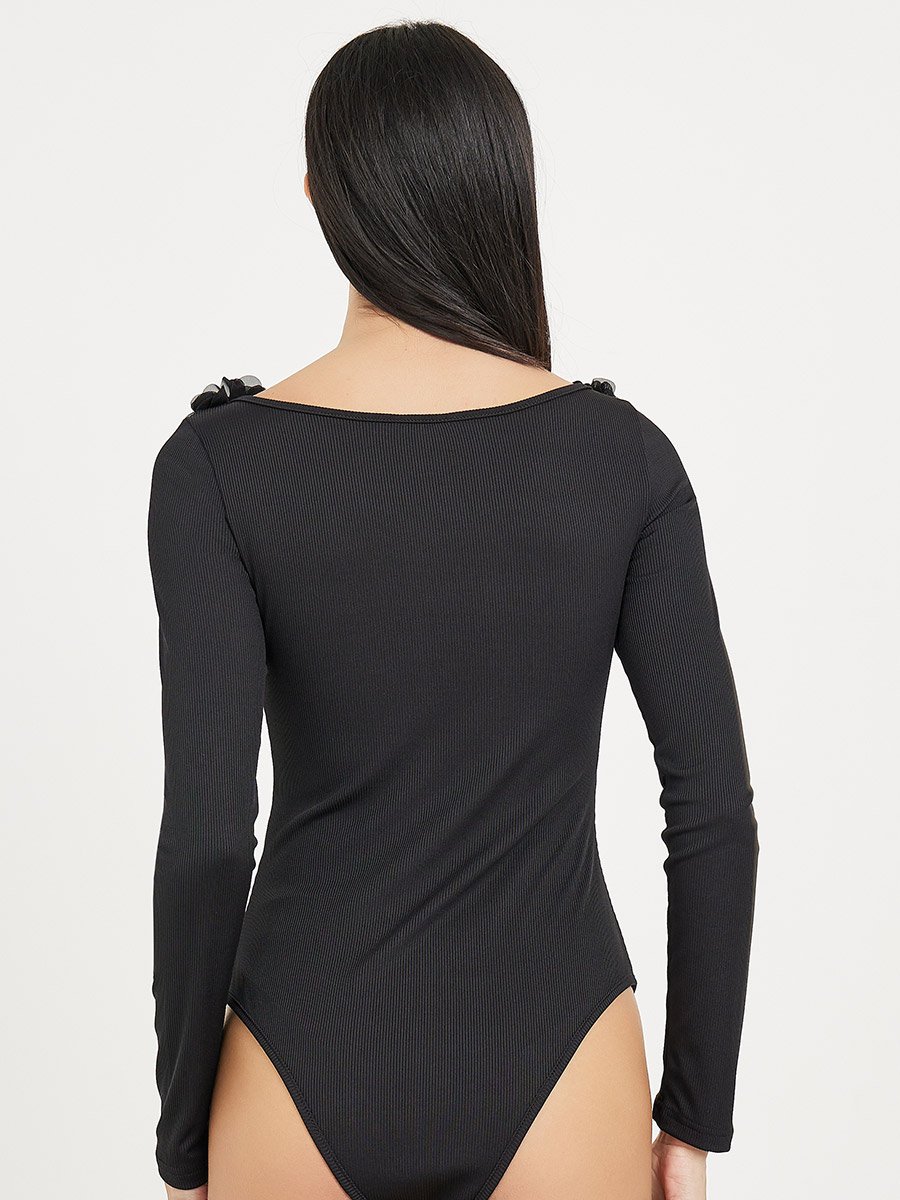 Floral Applique Detail Ribbed Bodysuit