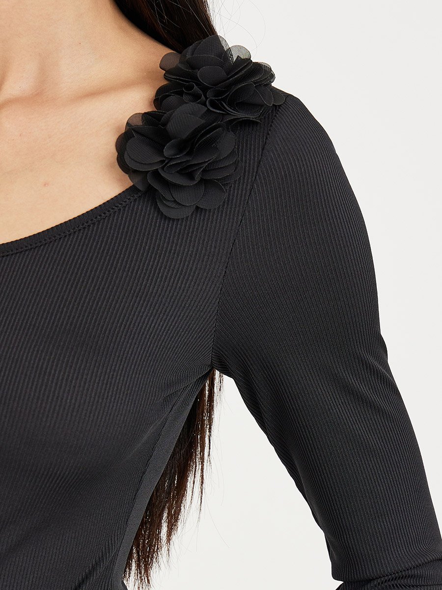 Floral Applique Detail Ribbed Bodysuit