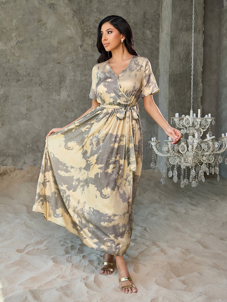 Marble Print A-Line Wrap Maxi Dress