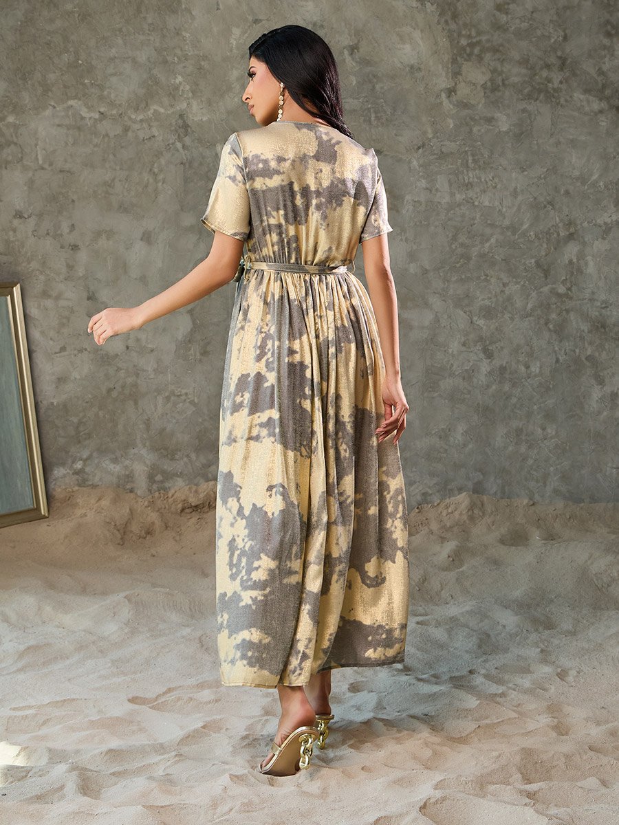 Marble Print A-Line Wrap Maxi Dress