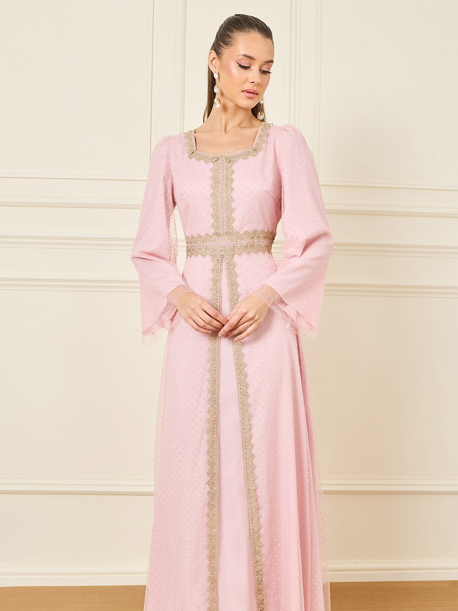 Lace Detail Swiss Dot Mesh Layer Jalabiya
