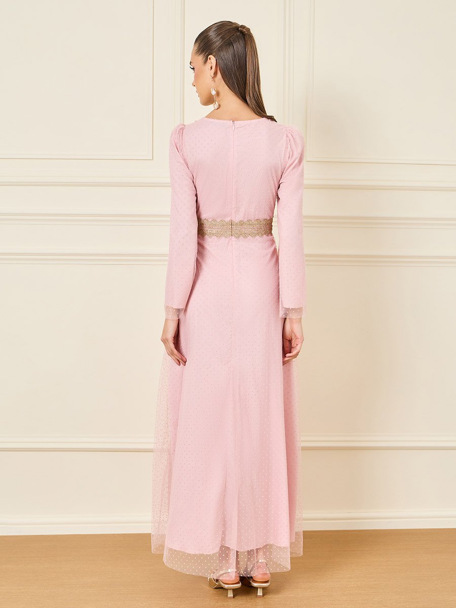 Lace Detail Swiss Dot Mesh Layer Jalabiya