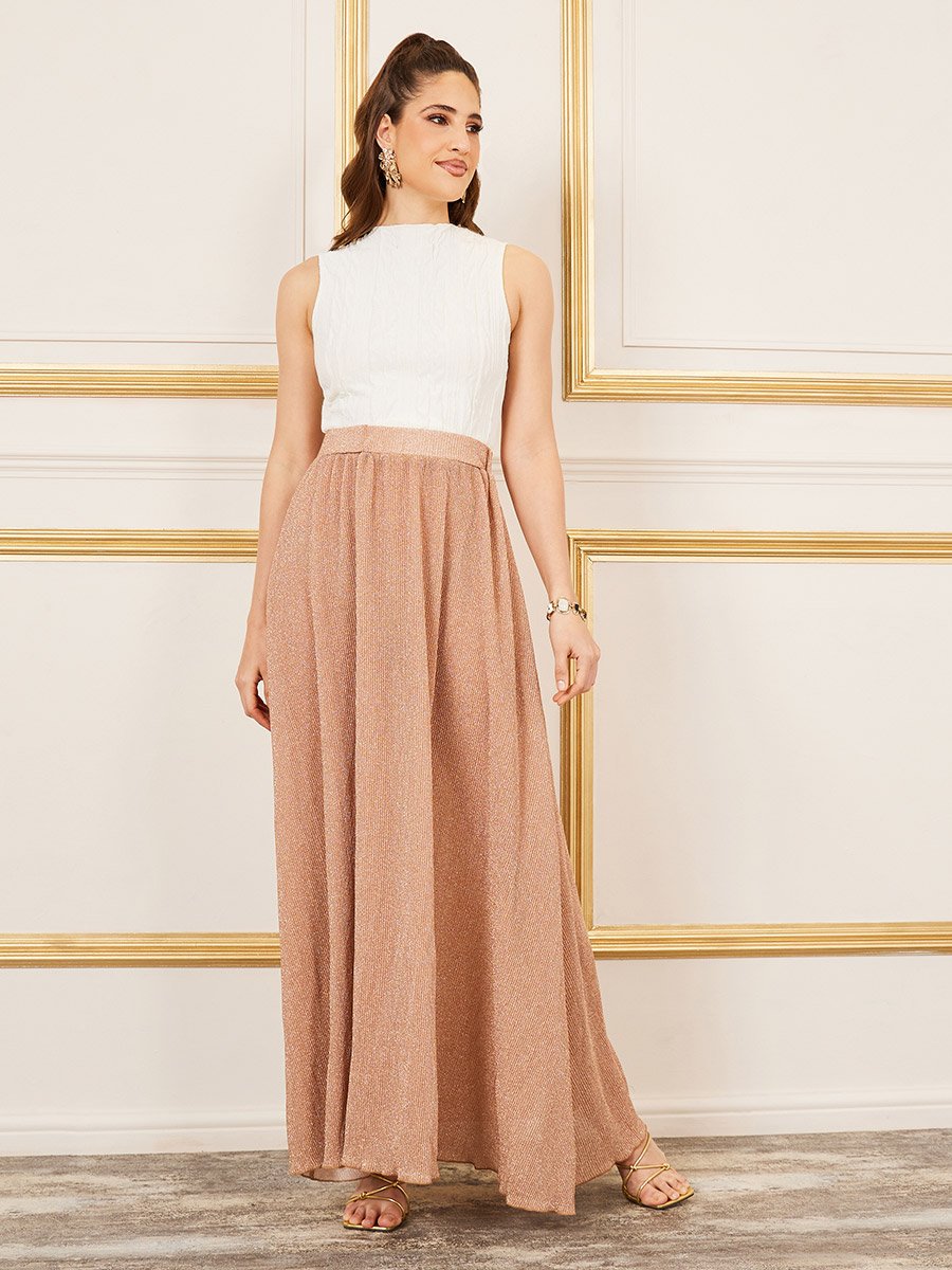 Shimmer Pleated Knitted A-Line Maxi Skirt