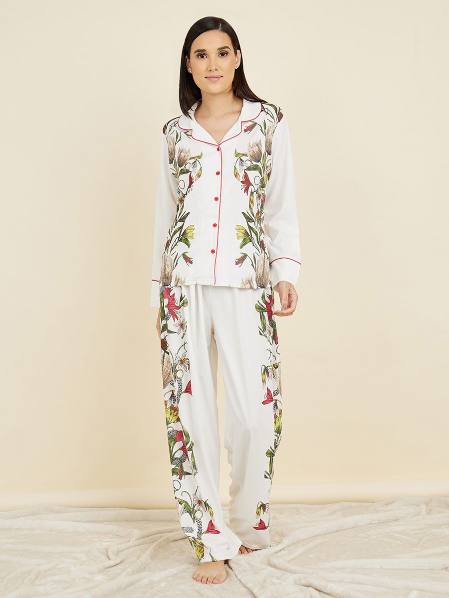 Satin Floral Print Piped Trim Detail Shirt and Pyjama Set