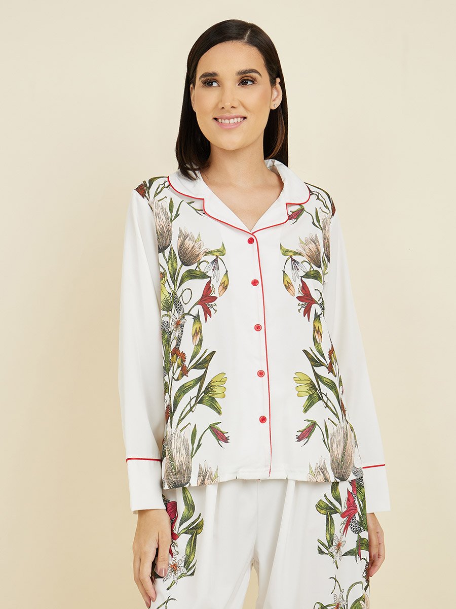 Satin Floral Print Piped Trim Detail Shirt and Pyjama Set