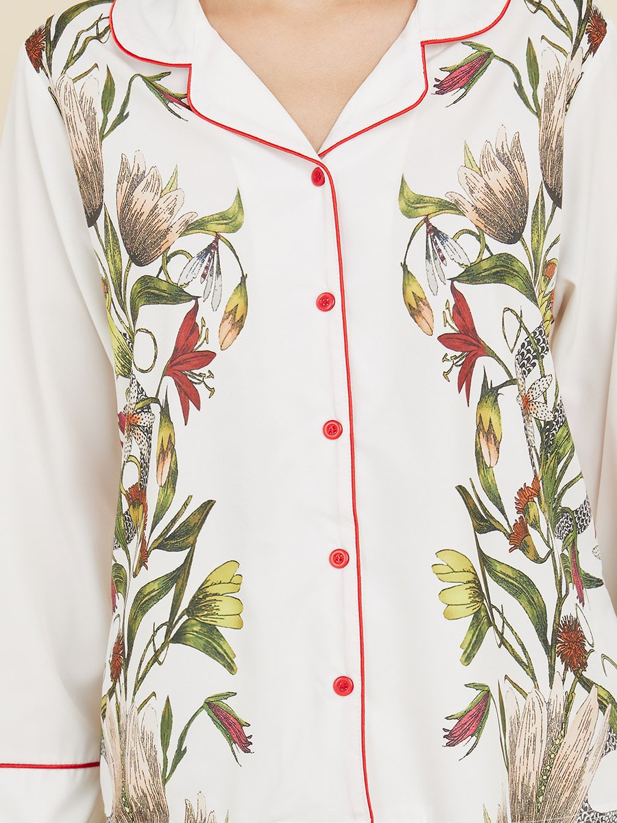 Satin Floral Print Piped Trim Detail Shirt and Pyjama Set