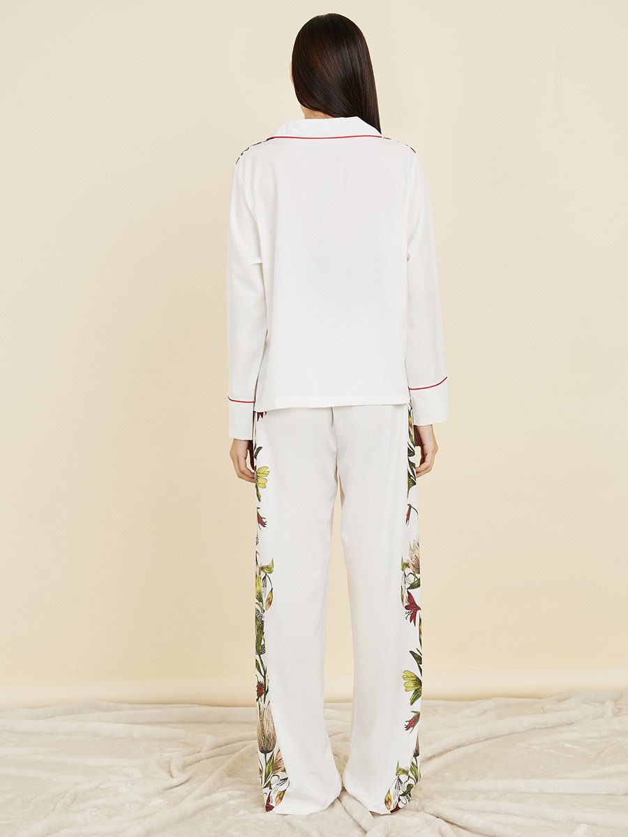Satin Floral Print Piped Trim Detail Shirt and Pyjama Set