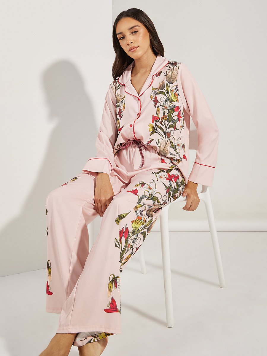 Satin Floral Print Piped Trim Detail Shirt and Pyjama Set