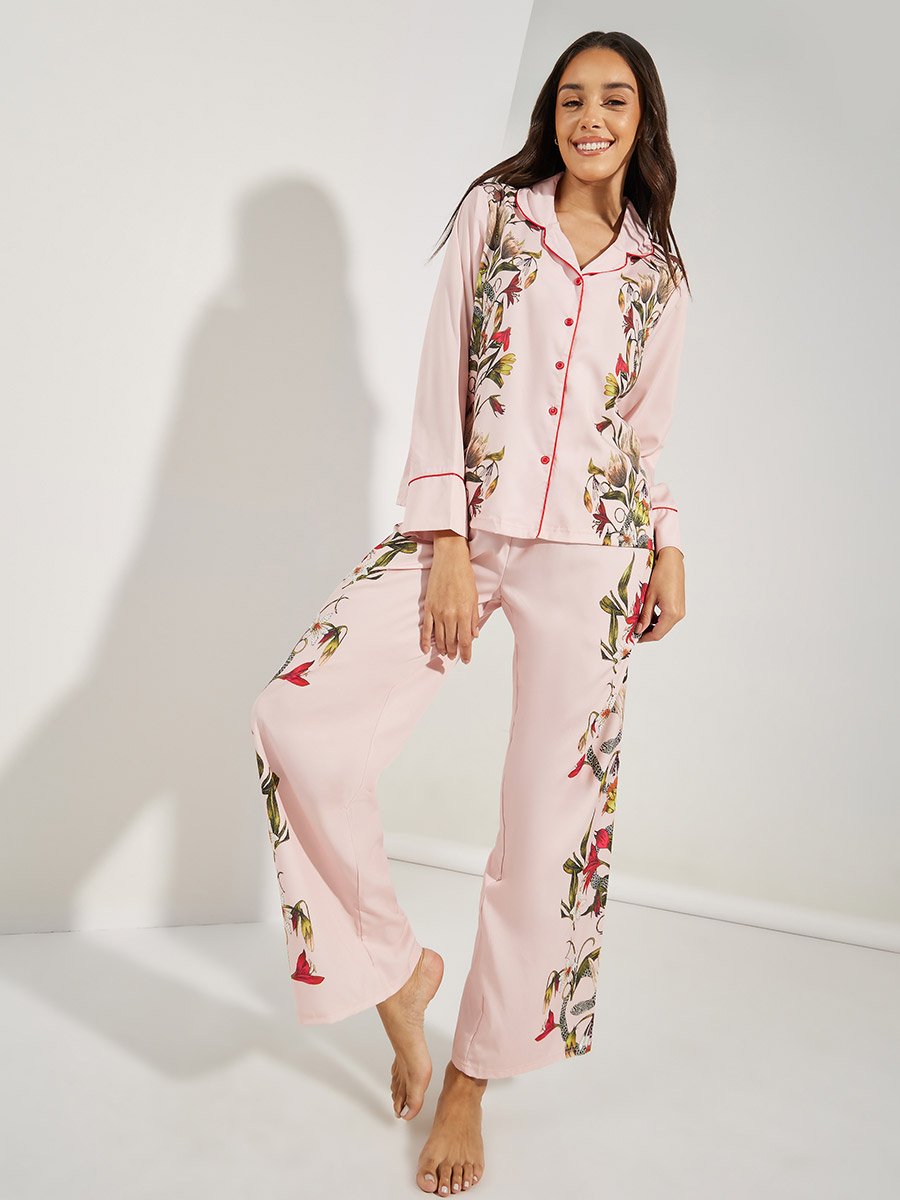 Satin Floral Print Piped Trim Detail Shirt and Pyjama Set