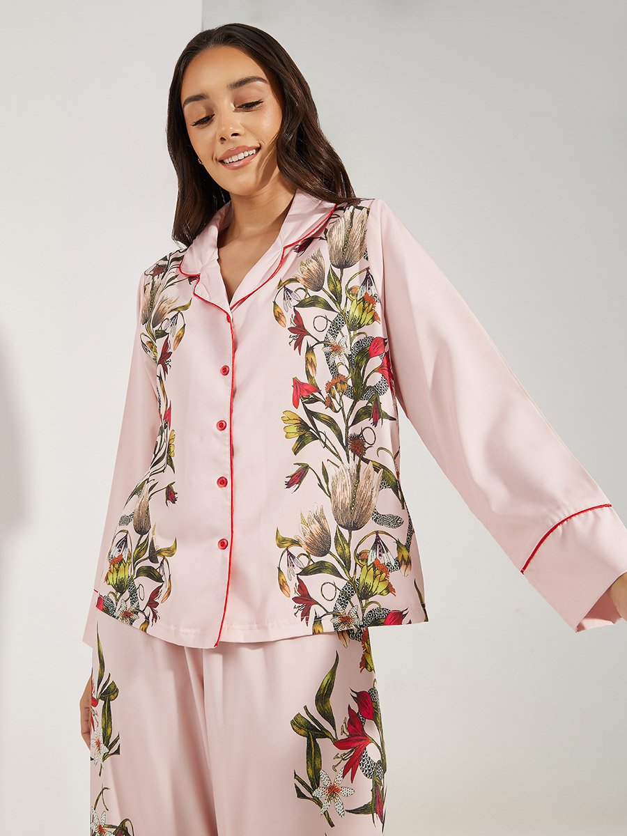 Satin Floral Print Piped Trim Detail Shirt and Pyjama Set